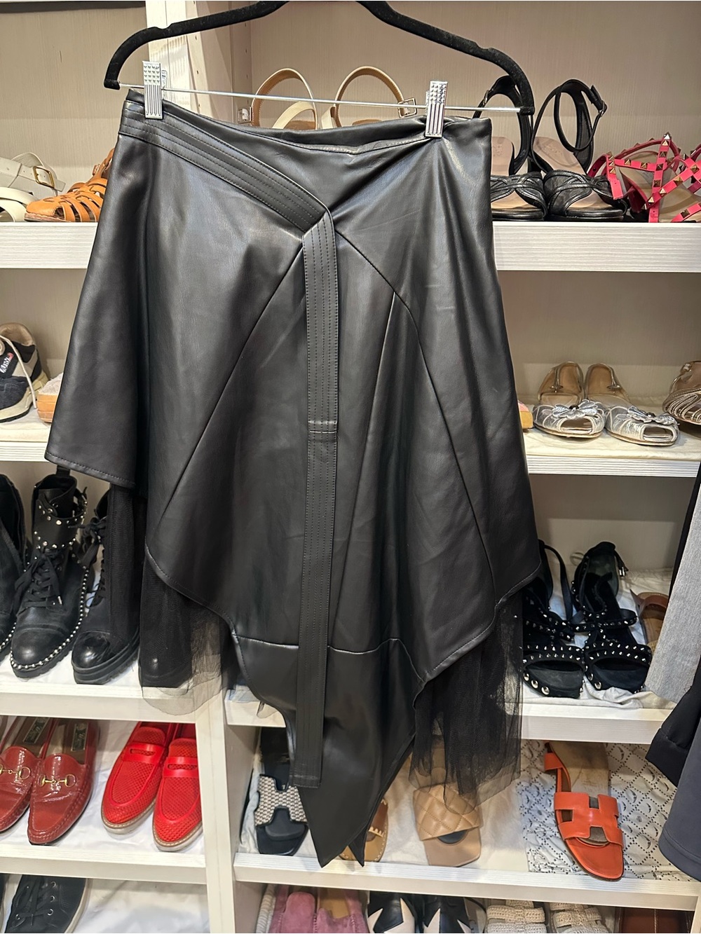 Black Asymmetrical Faux Leather Skirt with Tulle Trim